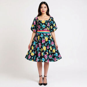 Victor Costa Vintage Black Floral Fit and Flair Belted Dress - Size 8